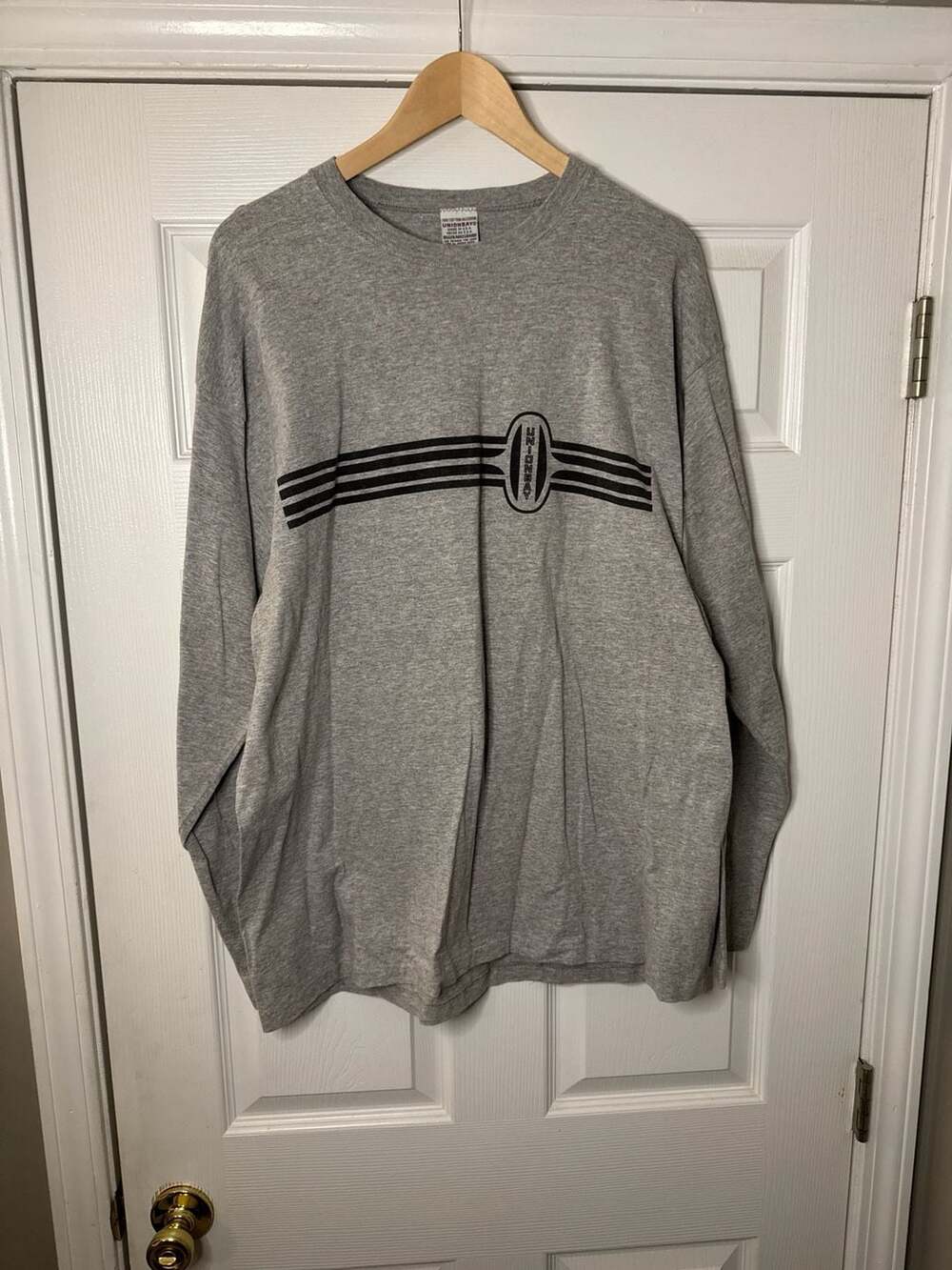 Vintage 90s Unionbay Made in USA Grey Long Sleeve Graphic Striped T-Shirt XL